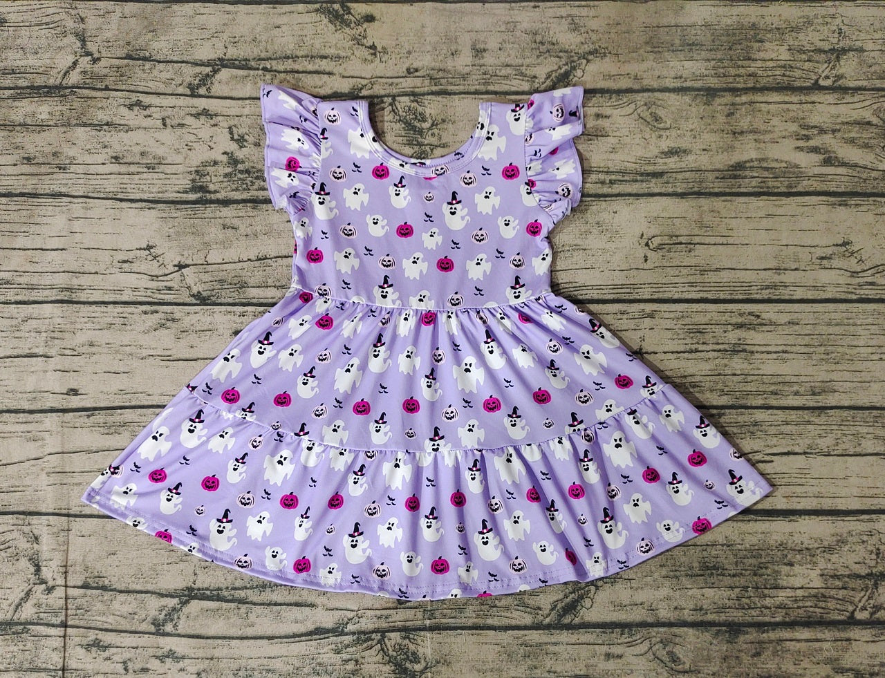 Baby Girl Short Sleeves Halloween Ghost Ruffle Purple Dress