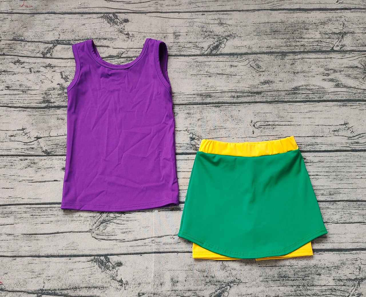 Baby Girl Purple Shirt Tops Green Yellow Skirt Mardi Gras Athletic Yoga Set