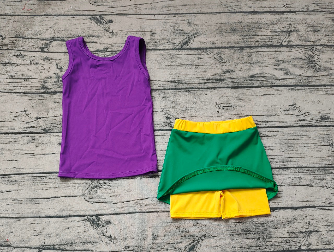 Baby Girl Purple Shirt Tops Green Yellow Skirt Mardi Gras Athletic Yoga Set