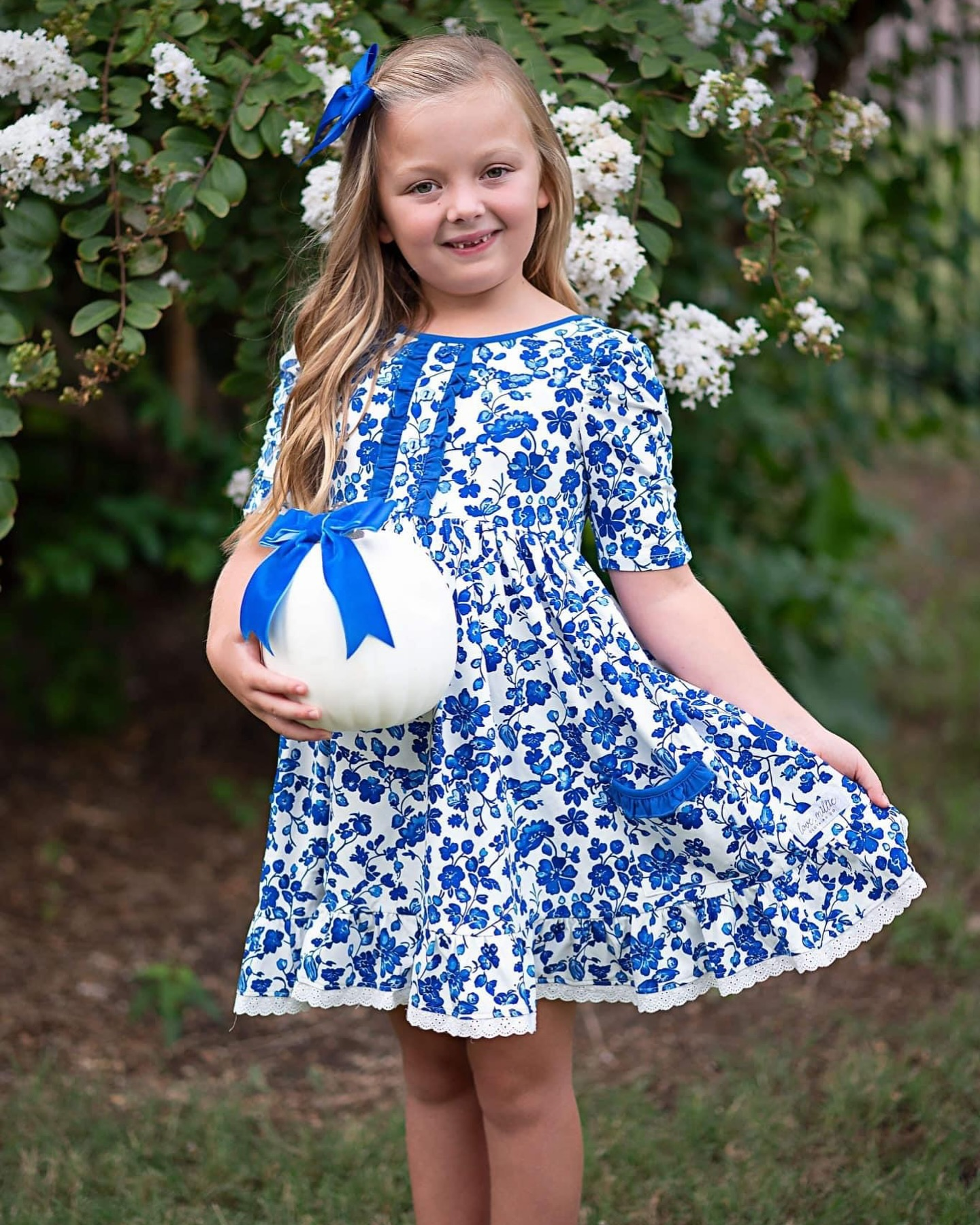 Pre-order Baby Girl Blue Flower Pocket Knee Length Dress