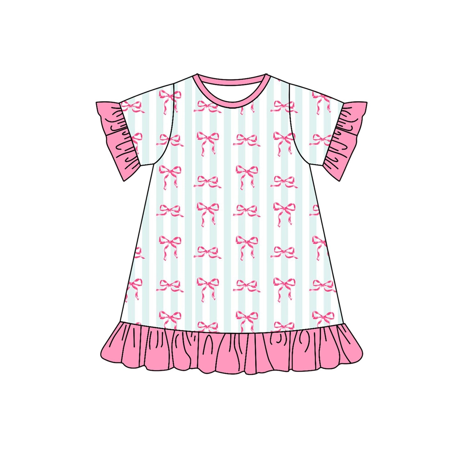 Pre-order Baby Girl Short Sleeves Stripes Bows Knee Length Dress