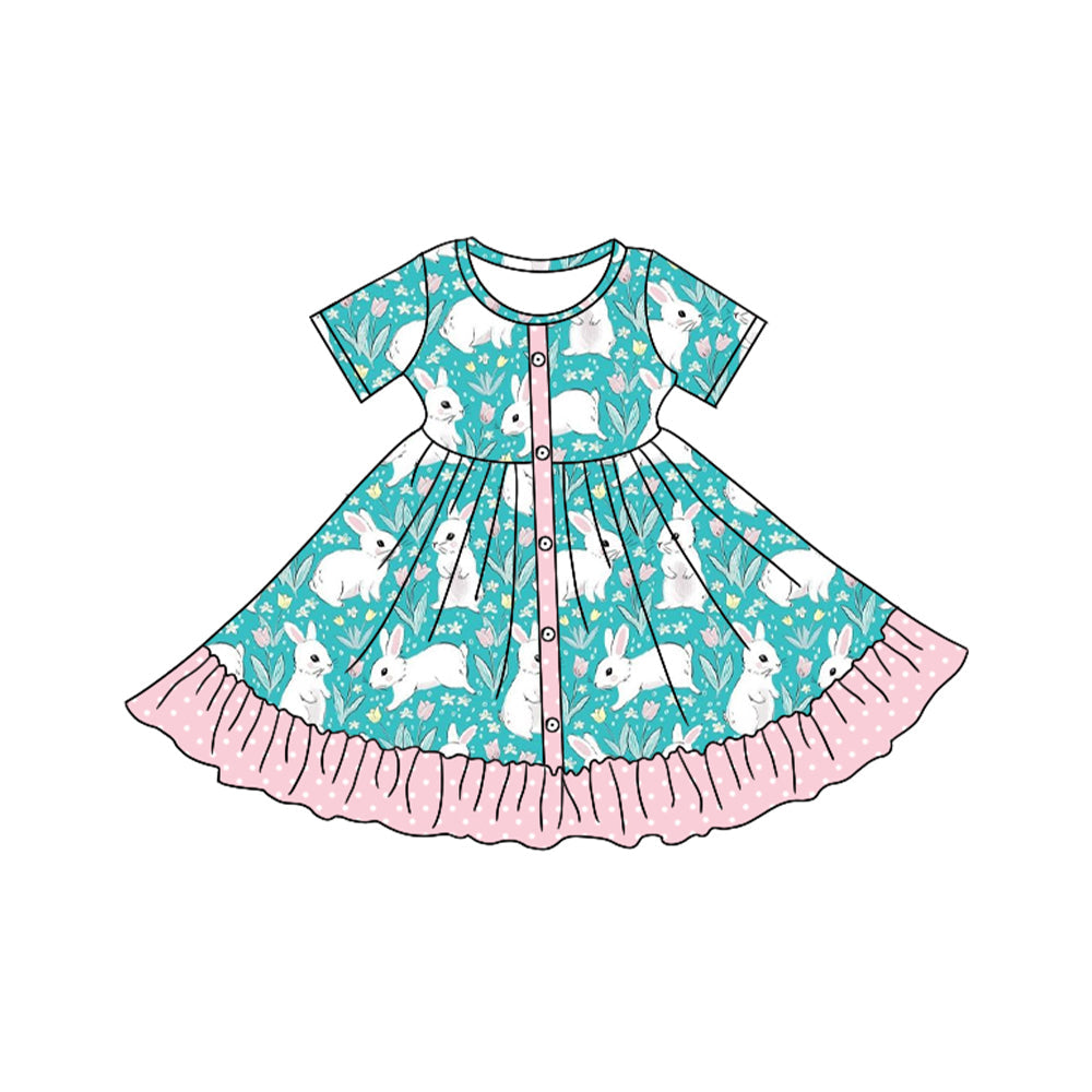 Pre-order Baby Girl Short Sleeves Easter Rabbit Ruffle Knee Length Dress