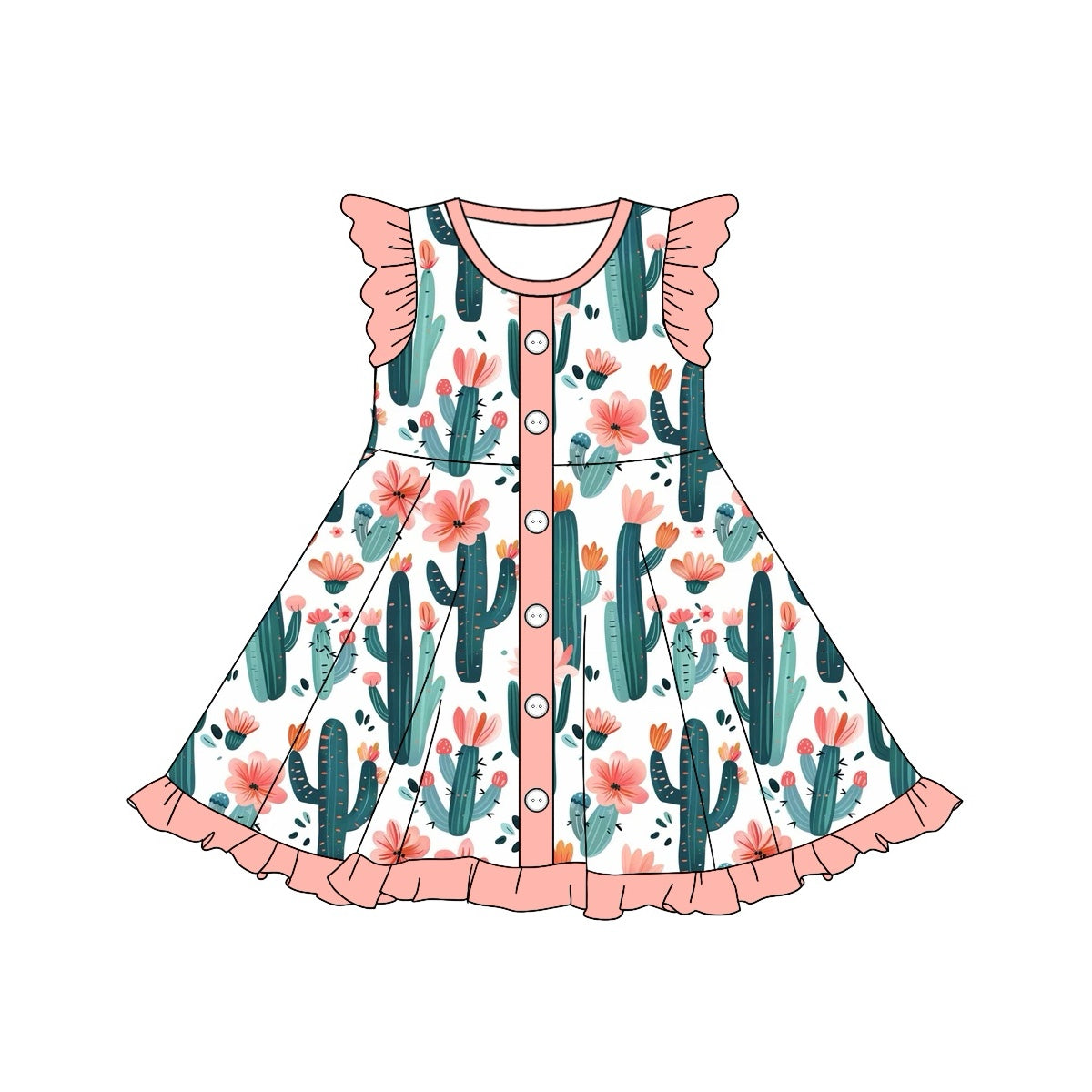 Pre-order Baby Girl Short Sleeves Western Cactus Flower Ruffle Knee Length Dress