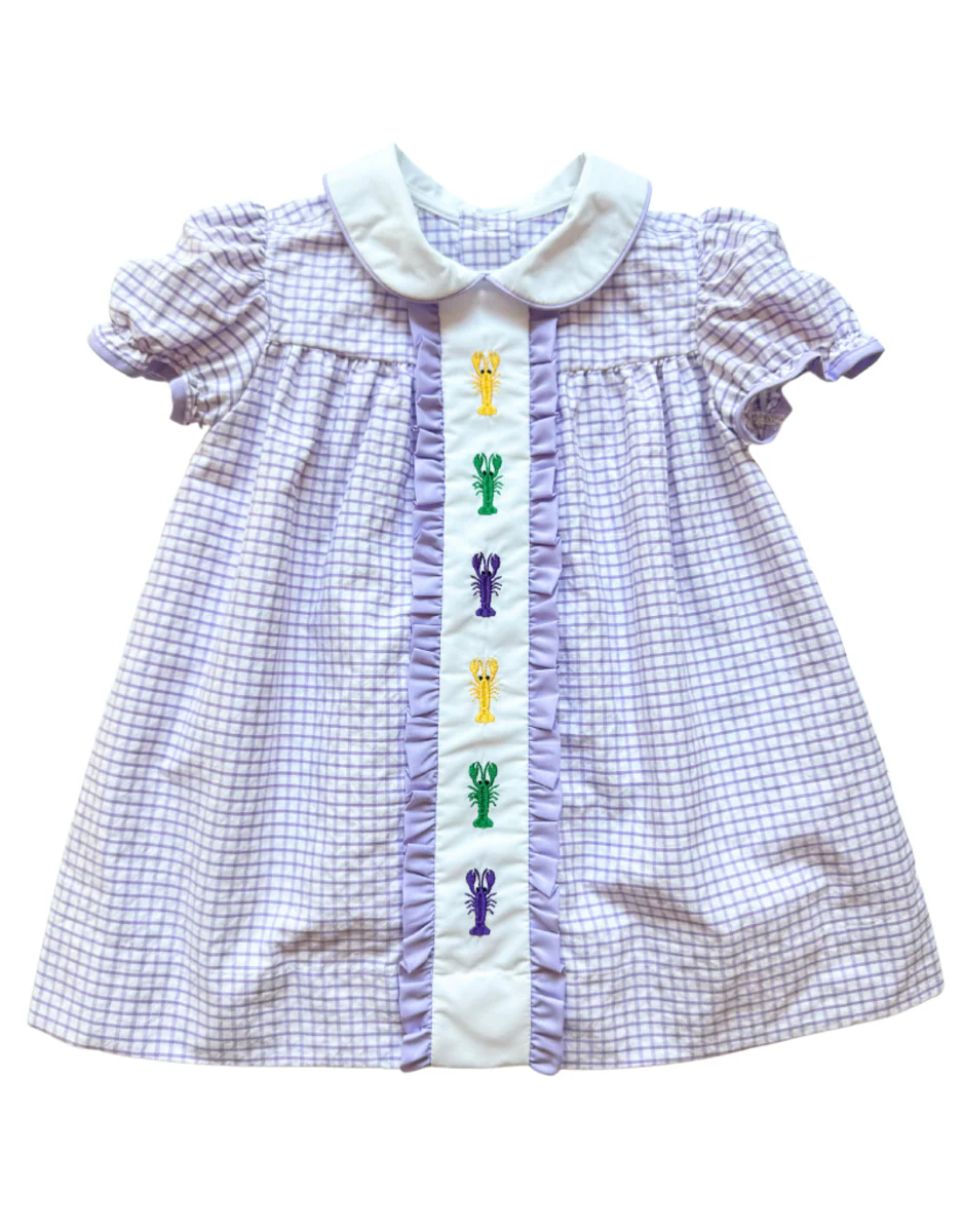 Pre-order Baby Girl Short Sleeves Mardi Gras Purple Checkered Crawfish Knee Length Dress