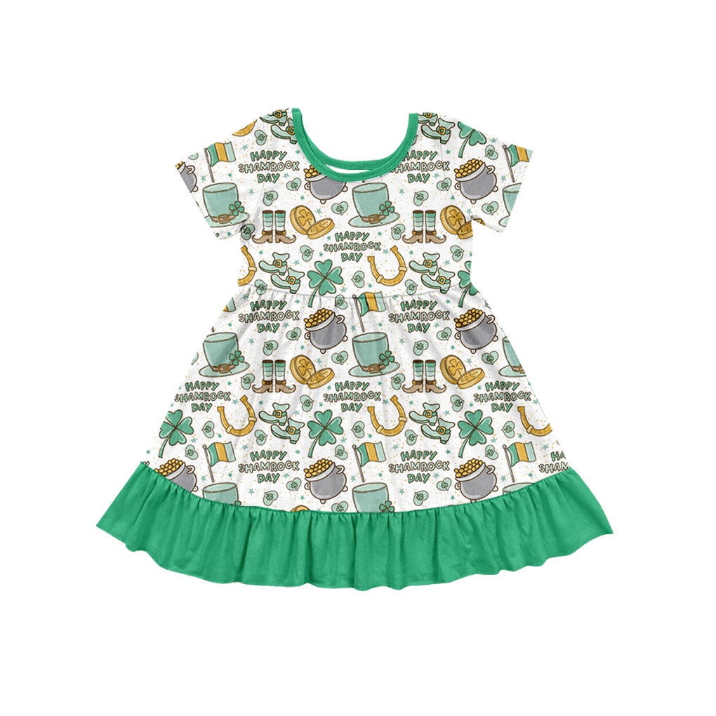Pre-order Baby Girl Short Sleeves St Patrick Shamrock Knee Length Green Dress