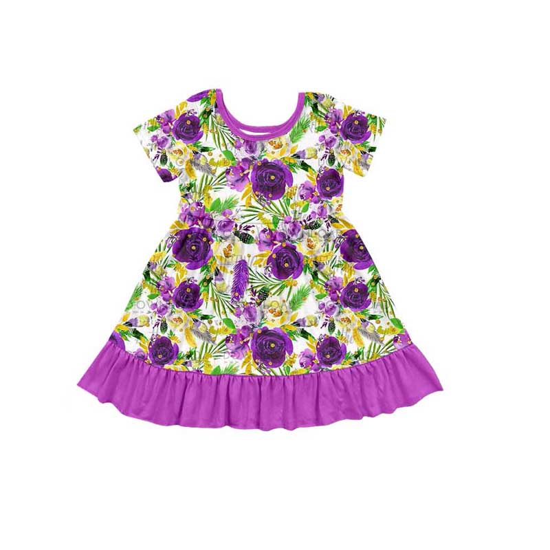 Pre-order Baby Girl Short Sleeves Mardi Gras Flower Purple Knee Length Dress