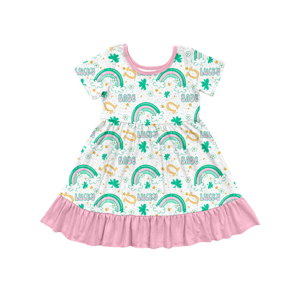 Pre-order Baby Girl Short Sleeves St Patrick Lucky Rainbow Knee Length Dress