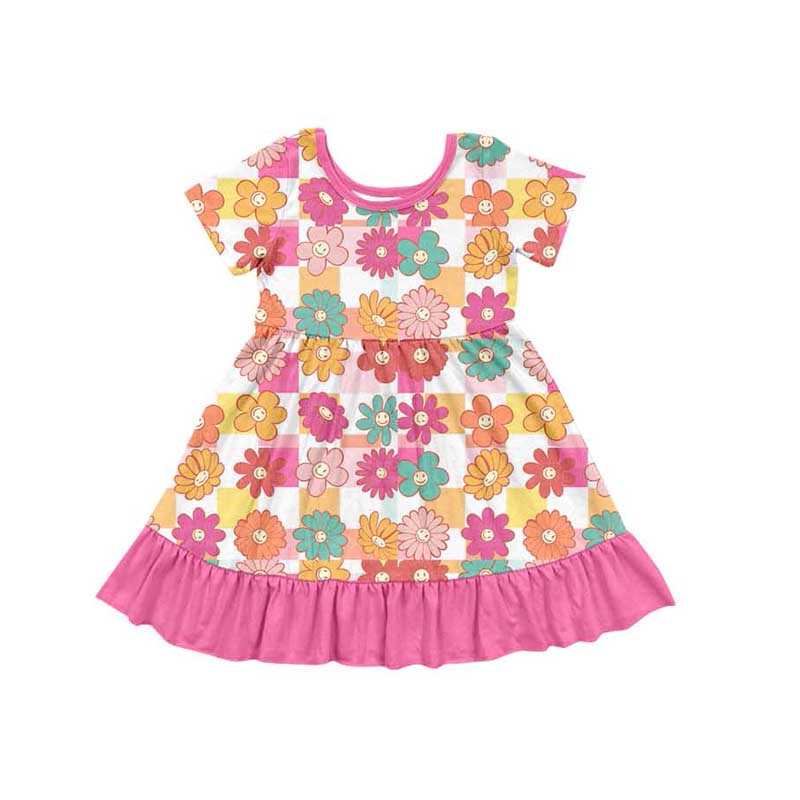 Preorder Baby Girl Short Sleeves Flower Checkered Knee Length Dress