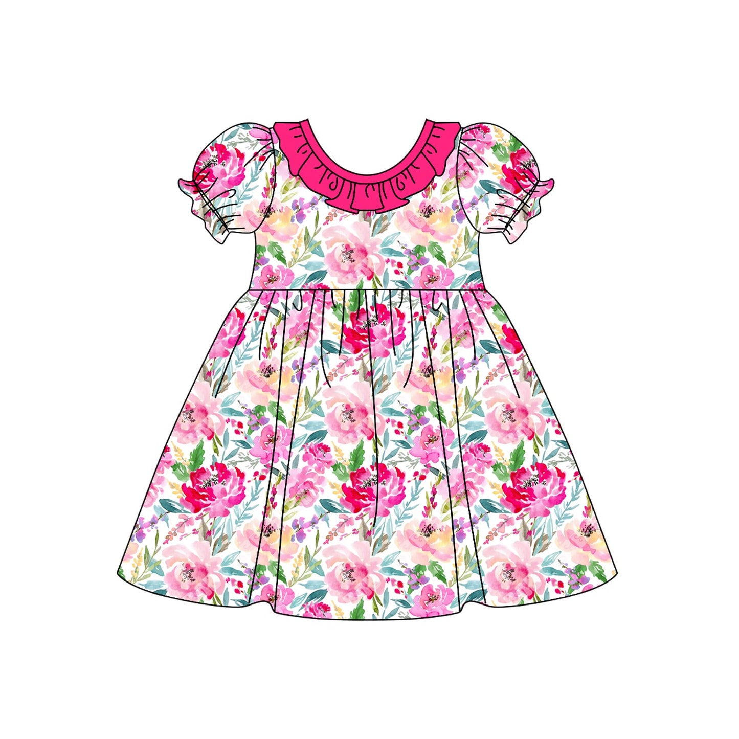 Pre-order Baby Girl Pink Flower Leaves Knee Length Dress