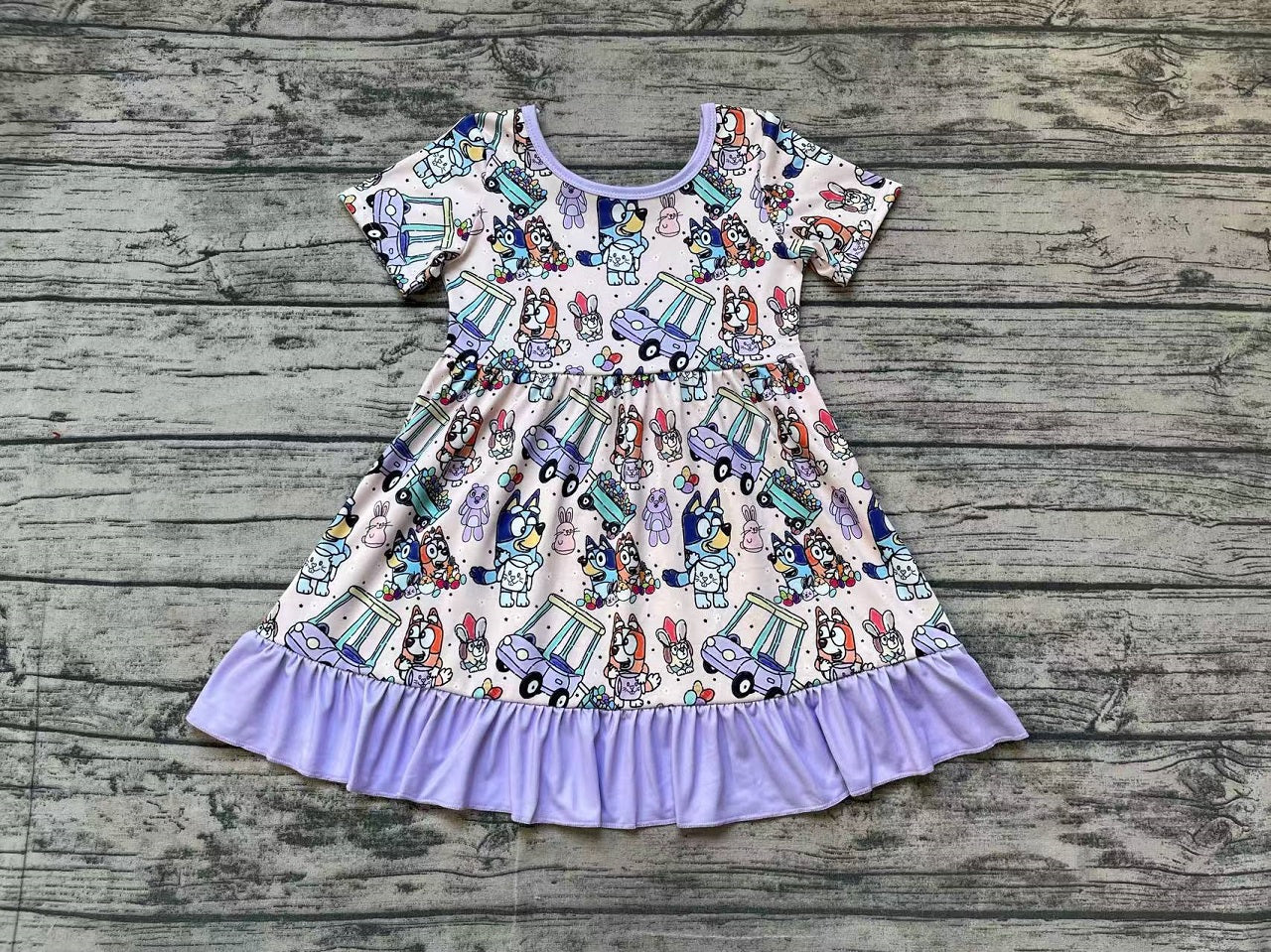 Baby Girl Short Sleeves Purple Dog Easter Rabbit Knee Length Dress