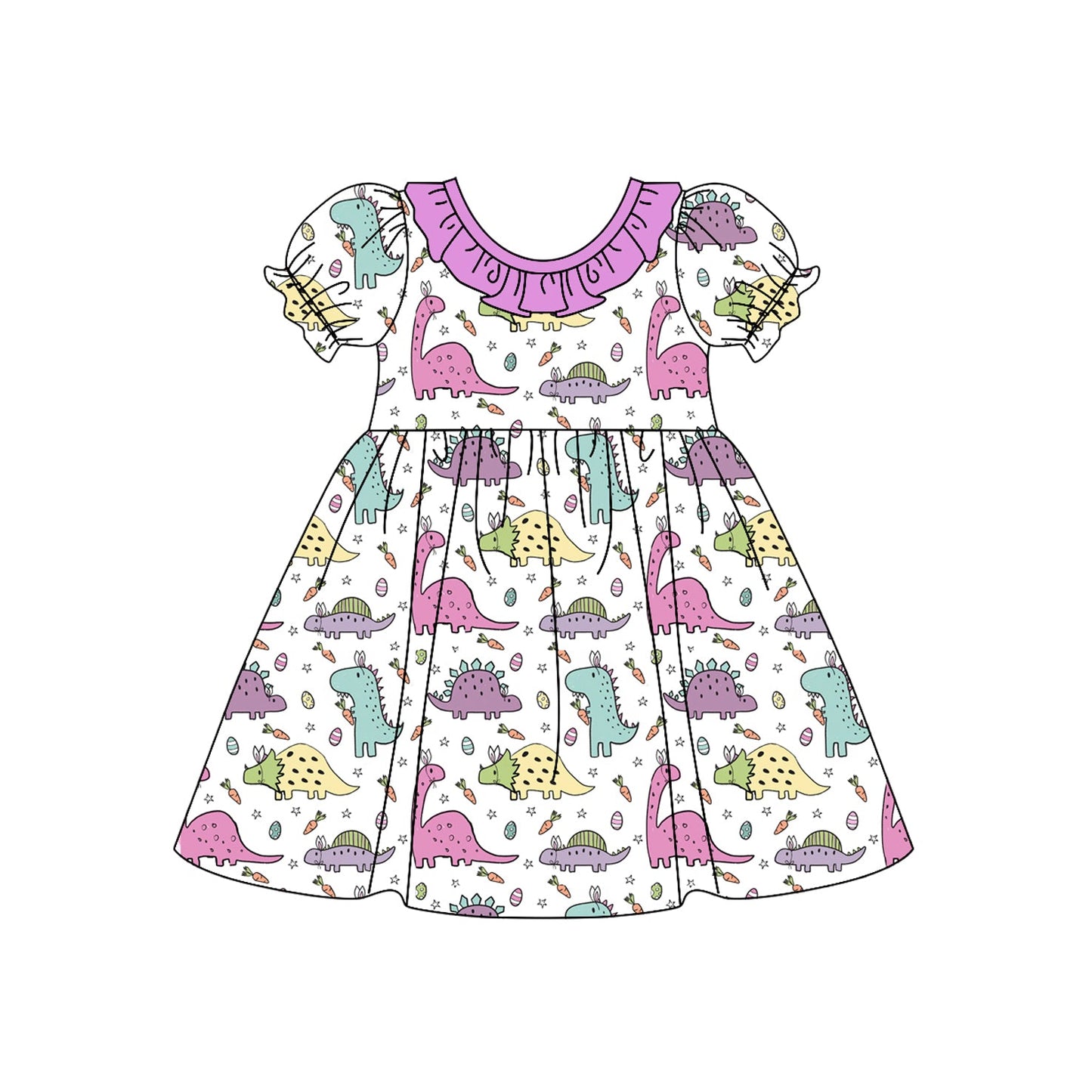 Preorder Baby Girl Purple One Shoulder Dinosaurs Knee Length Dress