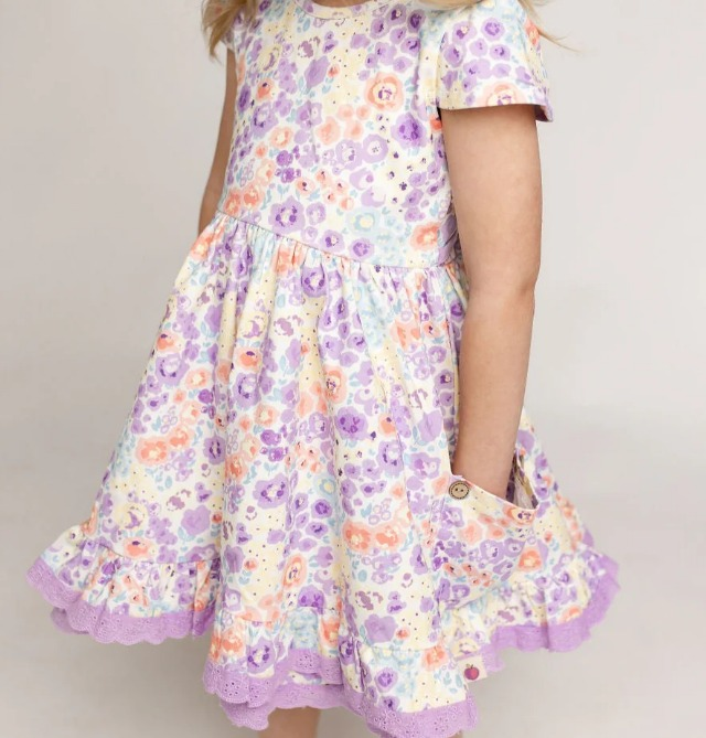 Preorder Baby Girl Short Sleeves Flower Pocket Knee Length Dress