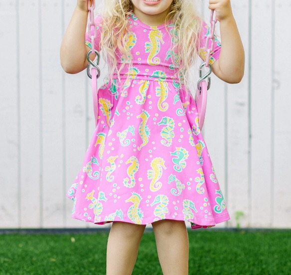 Preorder Baby Girl Short Sleeves Sea Horse Knee Length Pink Dress
