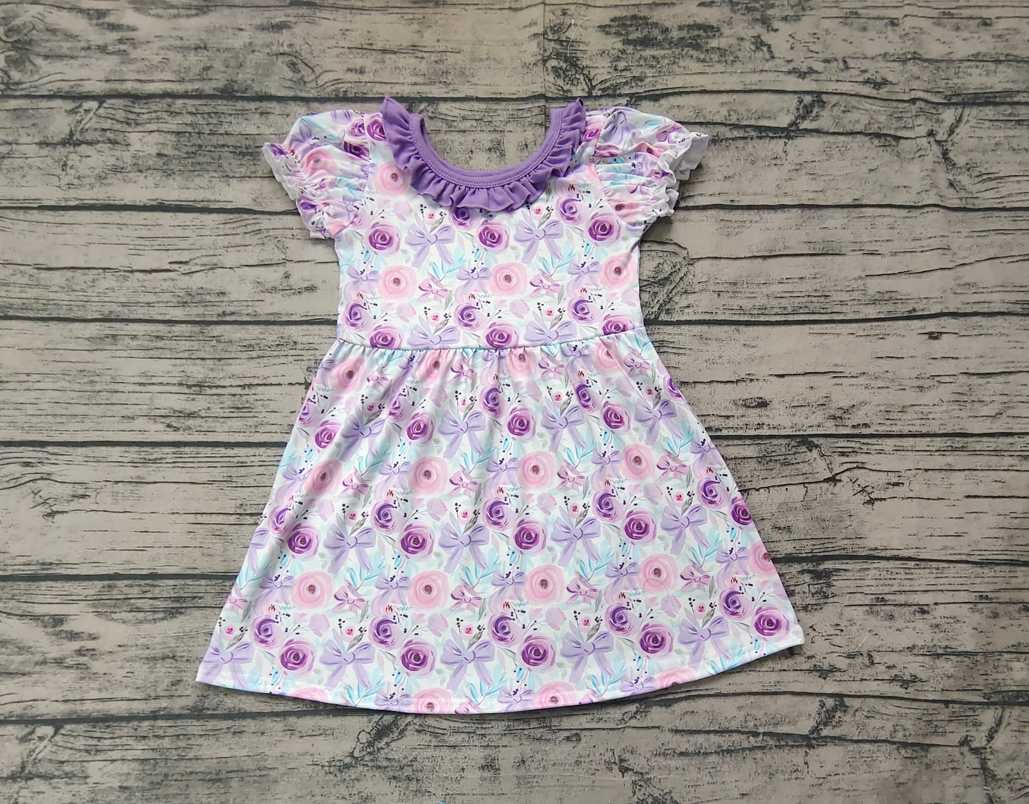 Preorder Baby Girl Purple  Flower Bows Knee Length Dress