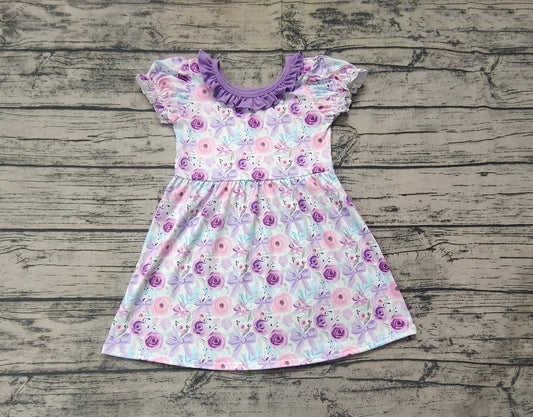 Preorder Baby Girl Purple  Flower Bows Knee Length Dress