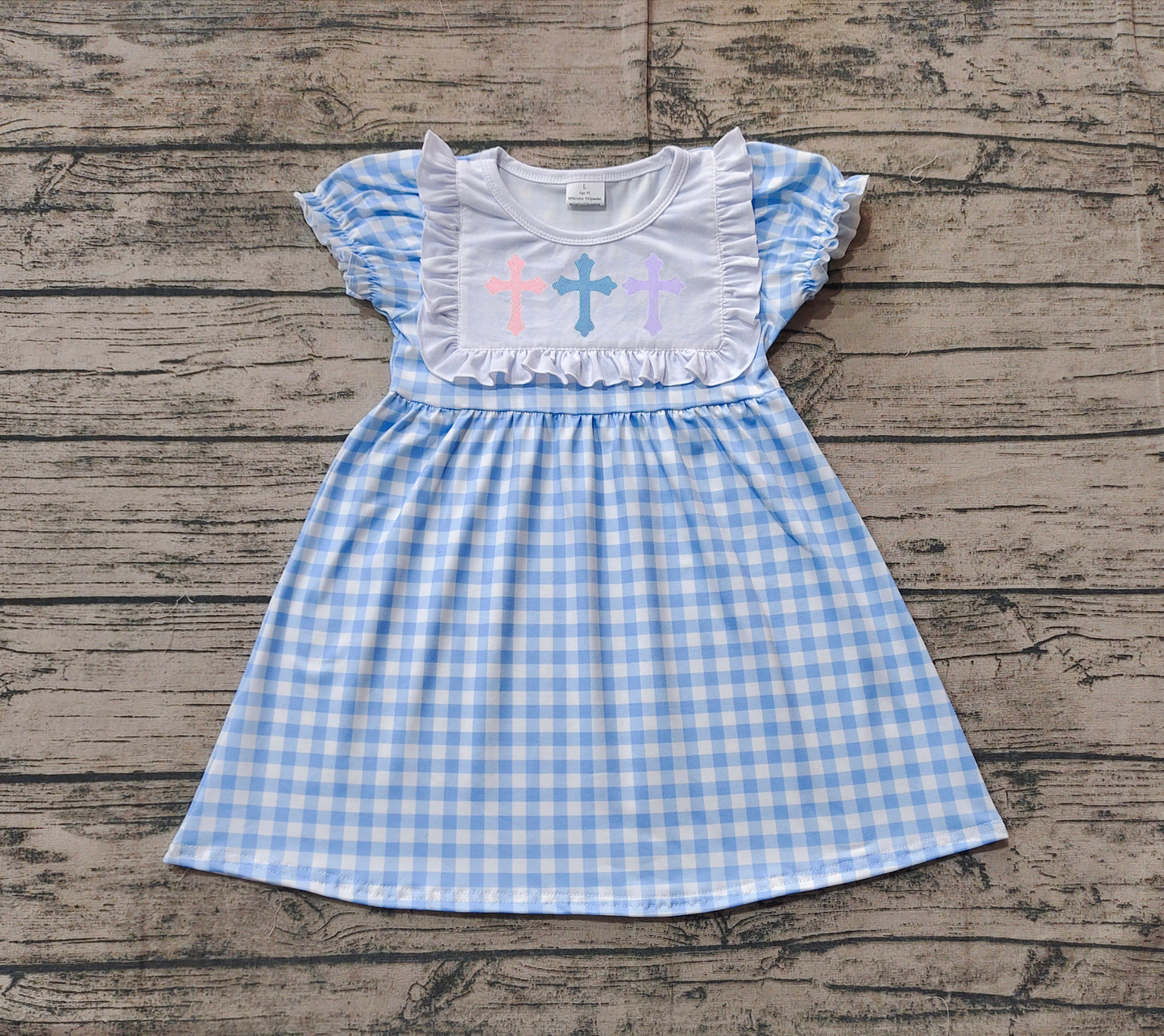 Preorder Baby Girl Short Sleeves Embroidery Easter Cross Blue Plaid Knee Length Dress（ No moq ）