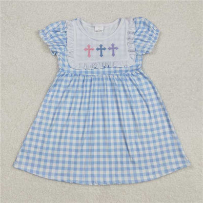 Baby Girl Short Sleeves Embroidery Crosses Blue Plaid Sibling Easter Romper Dress RTS