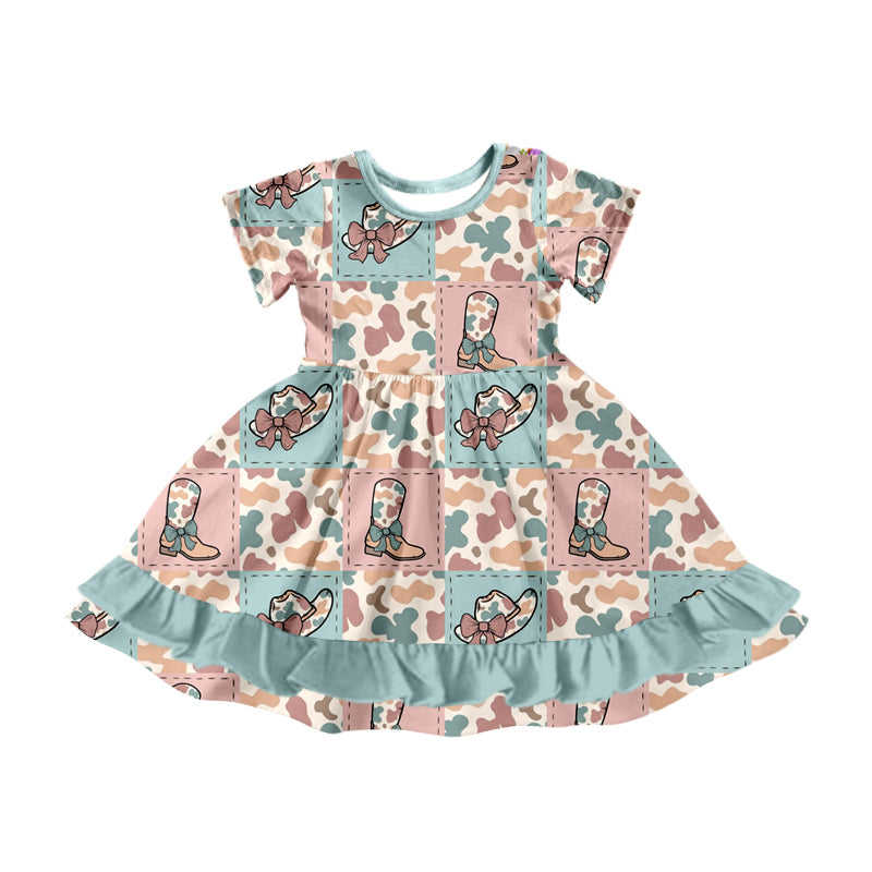 Preorder Baby Girl Short Sleeves Camo Western Boots Hats Ruffle Knee Length Dress