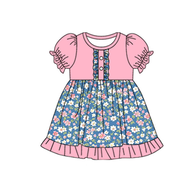 Preorder Baby Girl Short Sleeves Flower Knee Length Pink Dress