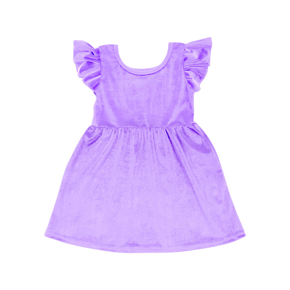 Preorder Baby Girl Short Sleeves Purple  Velvet Knee Length Dress