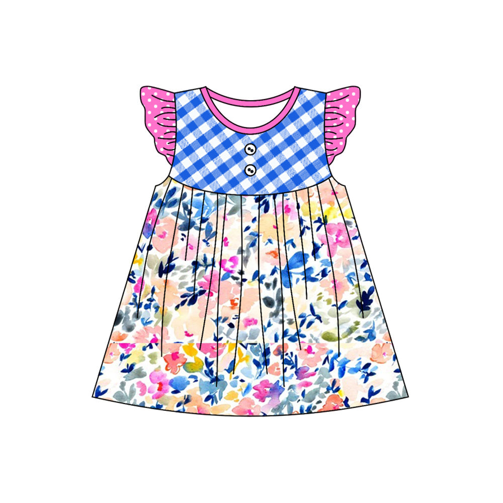 Preorder Baby Girl Short Sleeves Plaid Flower Knee Length Dress
