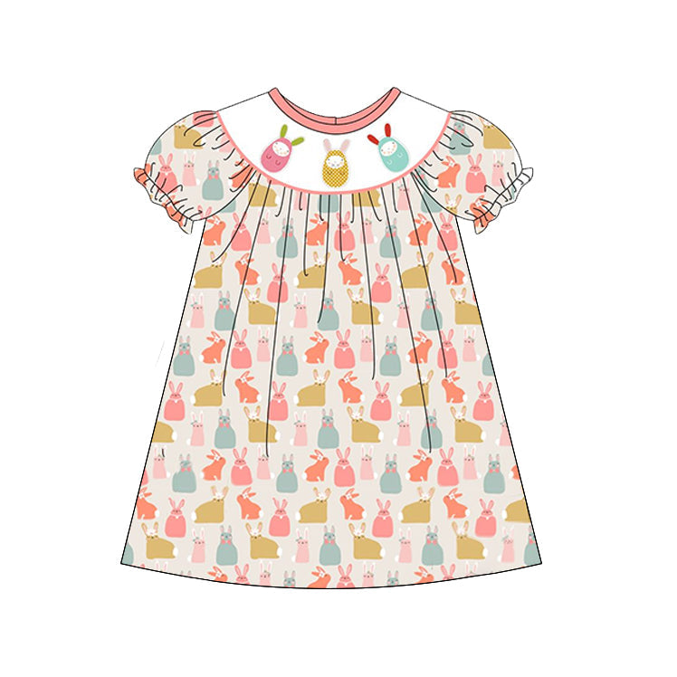 Preorder Baby Girl Short Sleeves Easter Eggs Rabbit Knee Length Dress