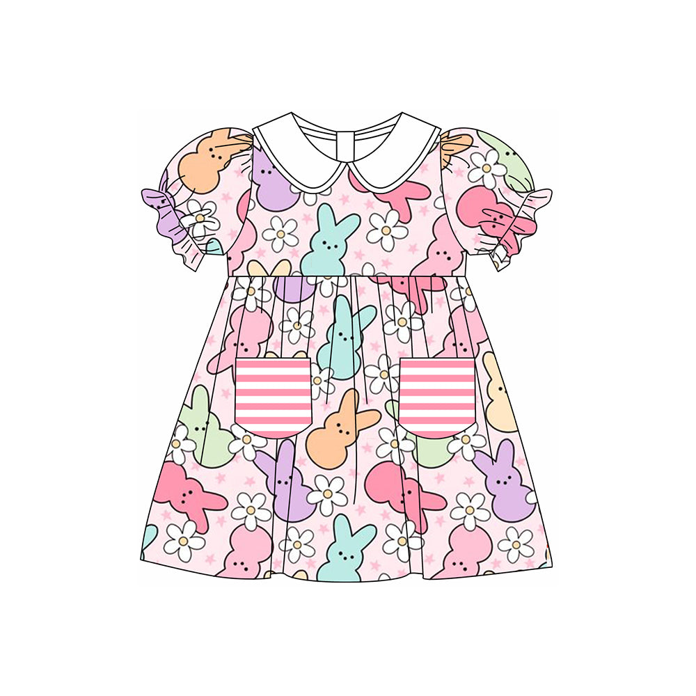 Preorder Baby Girl Short Sleeves Easter Rabbit Flower Pockets Knee Length Dress