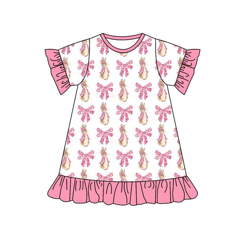 Preorder Baby Girl Short Sleeves Easter Bows Rabbit Ruffle Knee Length Dress