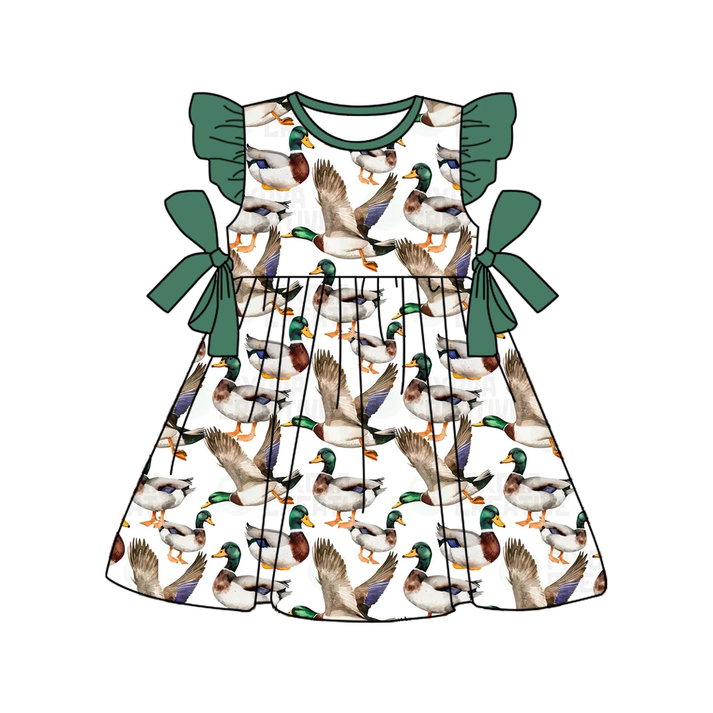 Preorder Baby Girl Short Sleeves Ducks Bows Hunting Knee Length Dress
