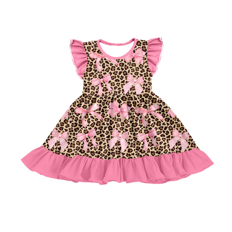 Preorder Baby Girl Infant Short Sleeves Leopard Bows Knee Length Dress