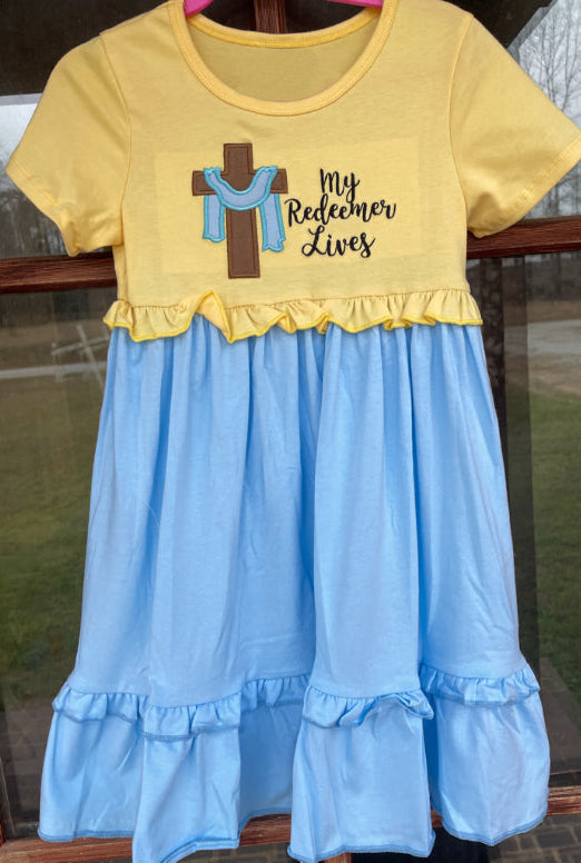 Preorder Baby Girl Short Sleeves Easter Cross Ruffles Knee Length Dress