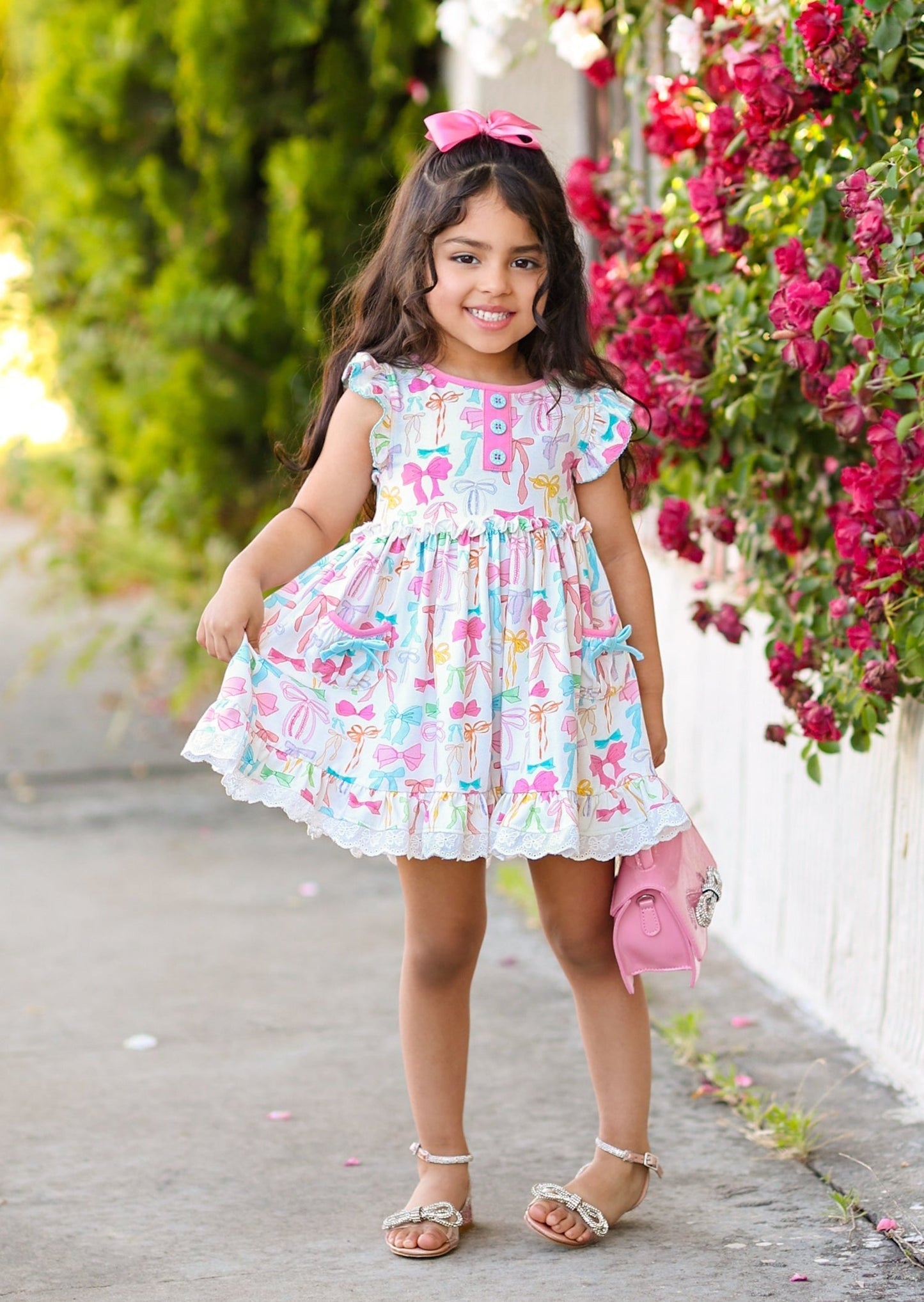 Preorder Baby Girl Short Sleeves  Bows Knee Length Dress