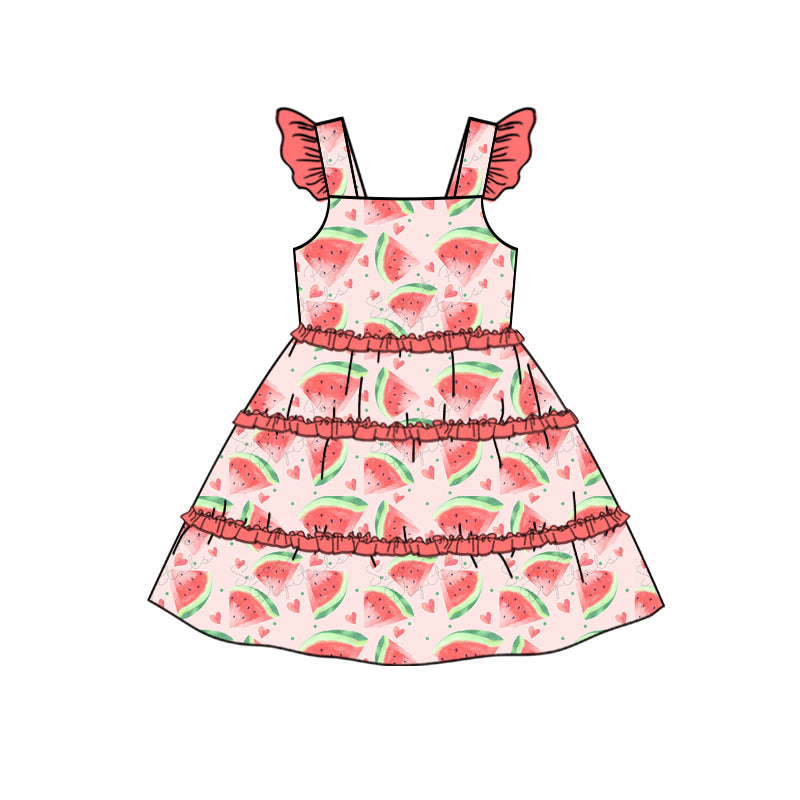 Preorder Baby Girl Short Sleeves Watermelon Hearts Knee Length Ruffle Dress