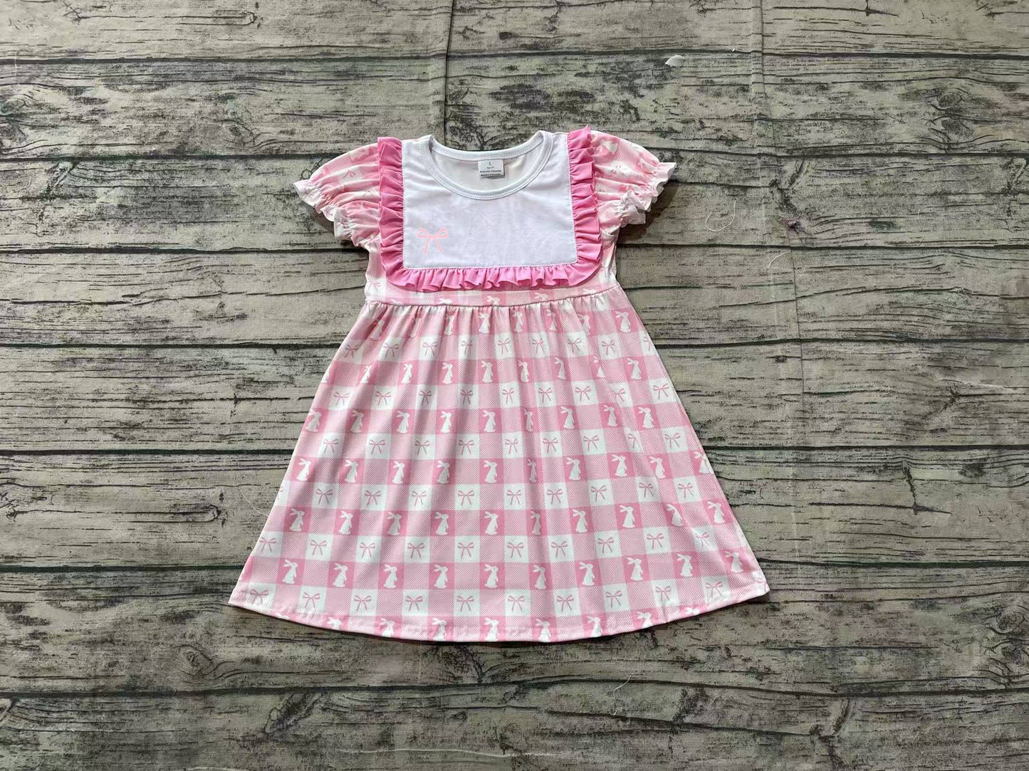 Preorder Baby Girl Short Sleeves Embroidery Pink Bow Easter Rabbits Plaid Knee Length Dress