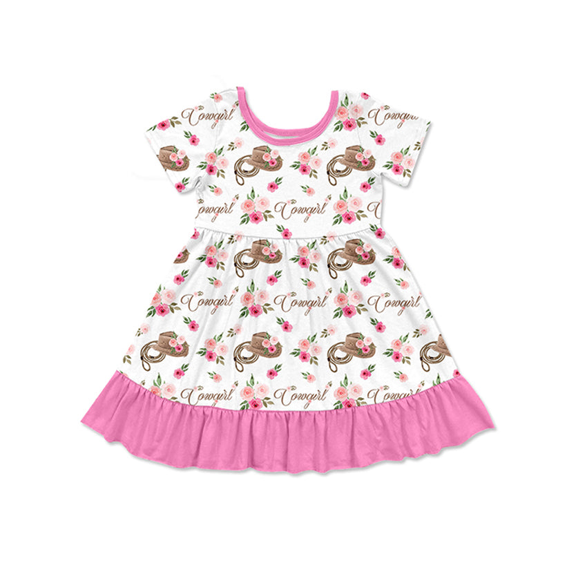 Preorder Baby Girl Short Sleeves Cowgirl Flower Knee Length Pink Ruffle Dress