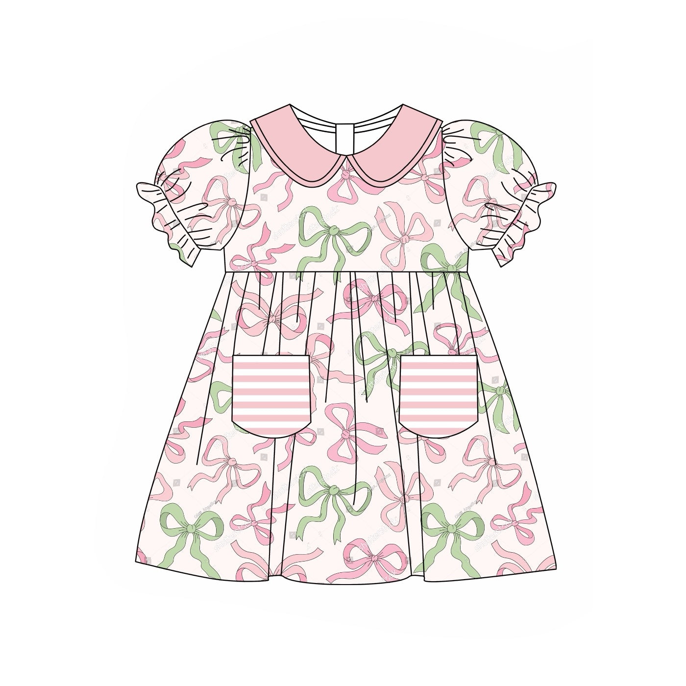 Preorder Baby Girl Short Sleeves Bows Pocket Knee Length Dress