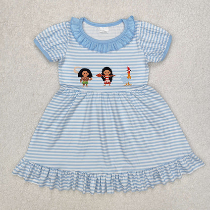 Baby Girl Short Sleeves Blue Stripes Princess Sibling Romper Dress RTS