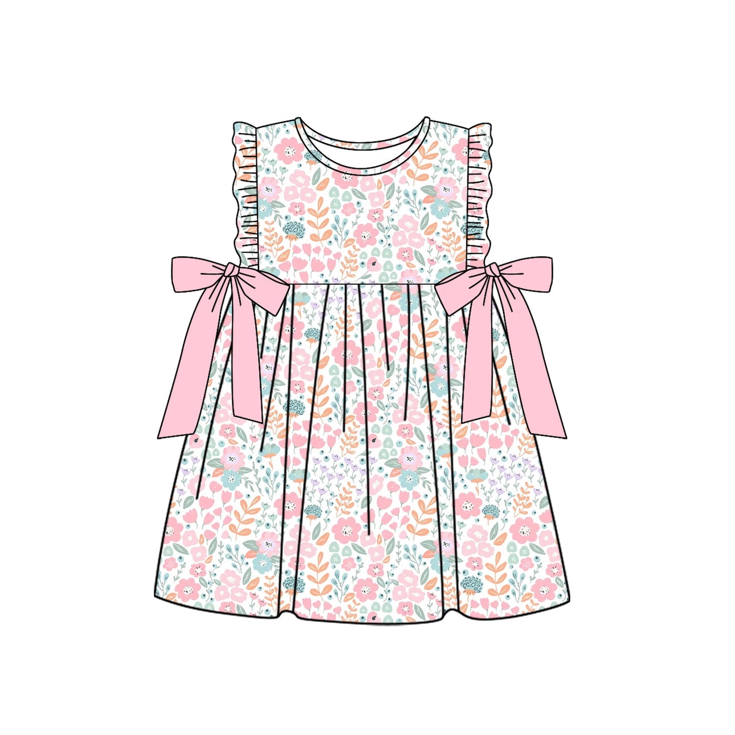 Preorder Baby Girl Floral Pink Bows Knee Length Dress