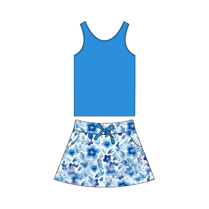 Preorder Baby Girl Sleeveless Blue Tops Flower Skirt Clothes Set