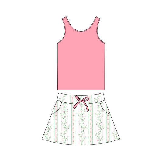 Preorder Baby Girl Sleeveless Pink Tops Flower Pocket Skirt Clothes Set