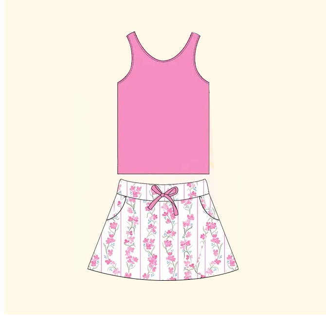 Preorder Baby Girl Sleeveless Pink Tops Floral Skirt Clothes Set