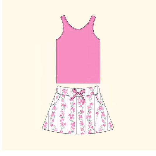 Preorder Baby Girl Sleeveless Pink Tops Floral Skirt Clothes Set