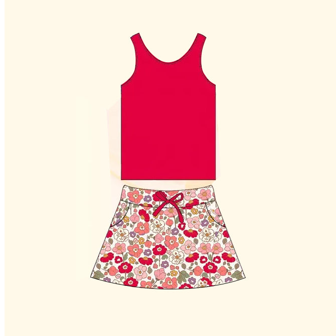 Preorder Baby Girl Sleeveless Red Tops Flower Skirt Clothes Set