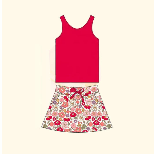 Preorder Baby Girl Sleeveless Red Tops Flower Skirt Clothes Set