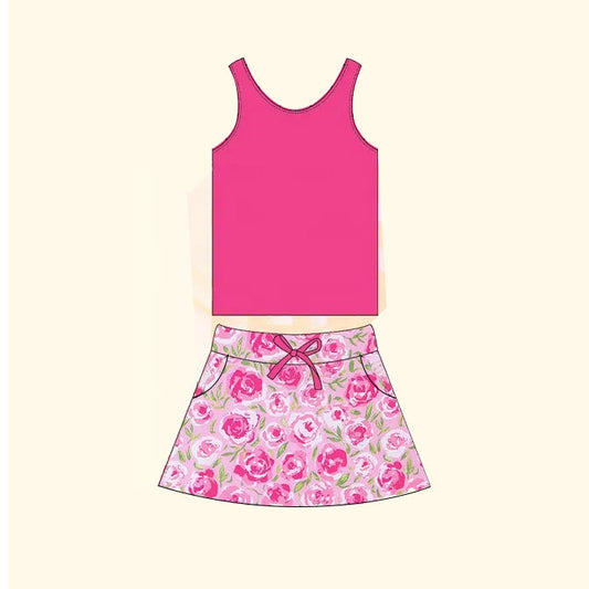 Preorder Baby Girl Sleeveless Hot Pink Tops Flower Skirt Clothes Set