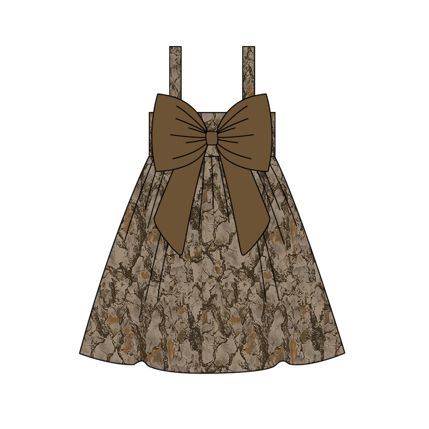 Preorder Baby Girl Brown Camo Bow Straps Knee Length Dress