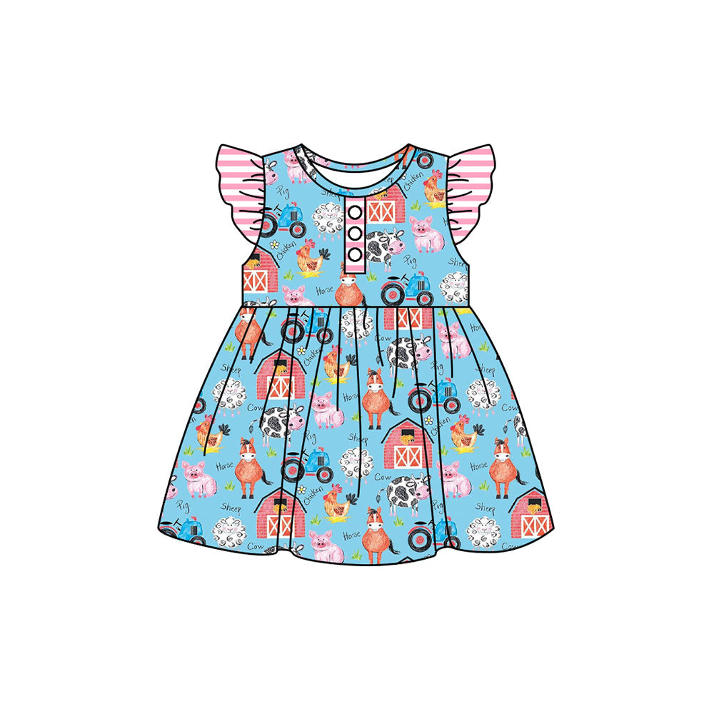 Preorder Baby Girl Short Sleeves Farm House Animals Knee Length Dress