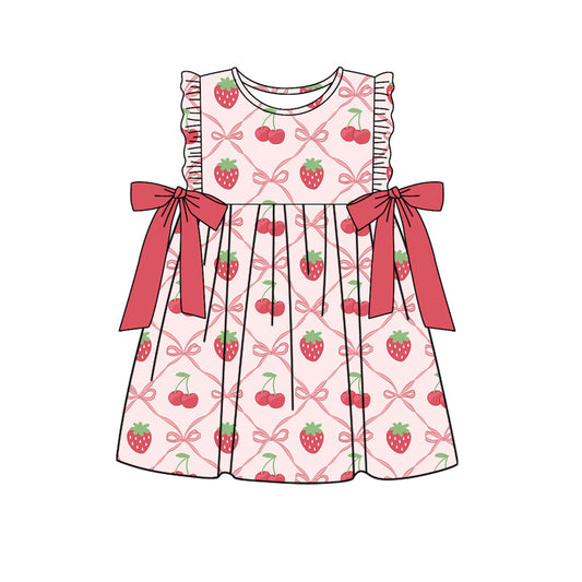 Preorder Baby Girl Sleeveless Strawberry Bows Knee Length Dress