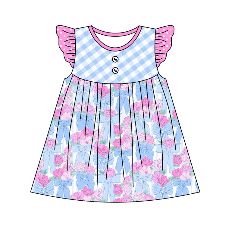 Preorder Baby Girl Short Sleeves Plaid Flower Bows Knee Length Dress