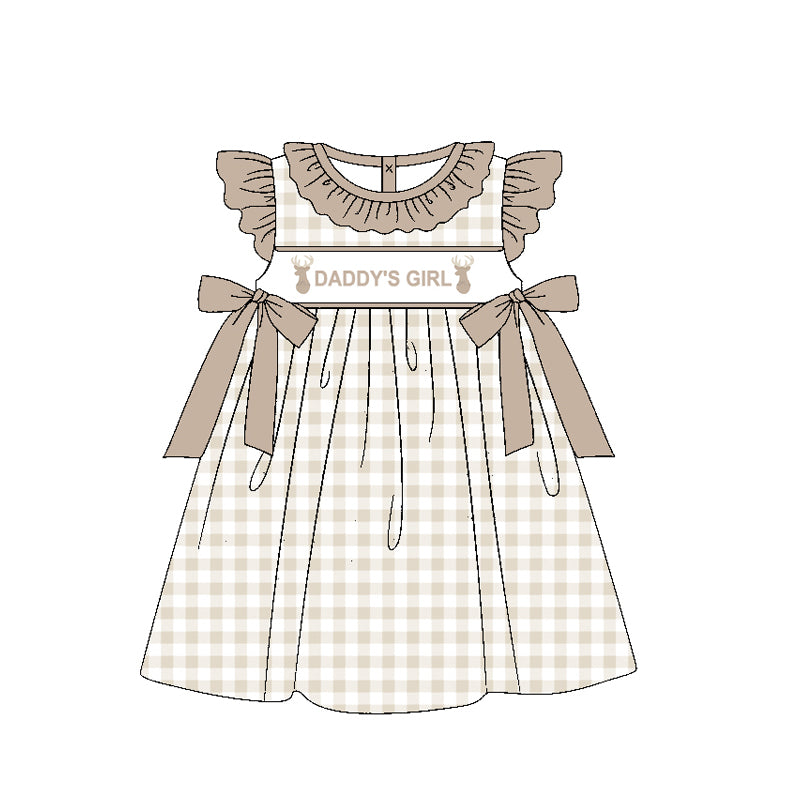 Preorder Baby Kids Short Sleeves Daddy's Girl Deer Bows Knee Length Plaid Dress